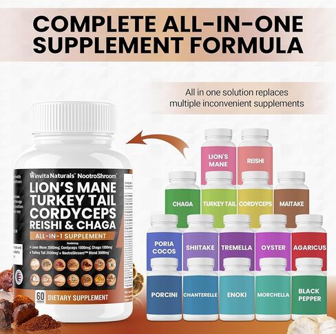 Lions Mane 3500mg مكمل الفطر مع ذيل الديك الرومي 2500mg Reishi 1000mg كورديسيبس تشاجا مايتاكي ميشيما بوريا كوكوس شيتاكي أويستر بورسيني إينوكي حبوب الإدراك والطاقة والتركيز قبعات نباتية في الولايات المتحدة الأمريكية in Kuwait