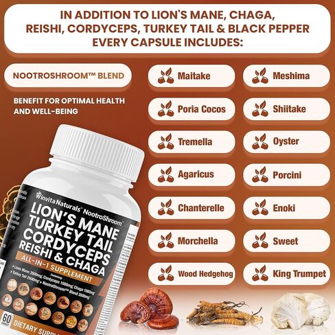 Lions Mane 3500mg مكمل الفطر مع ذيل الديك الرومي 2500mg Reishi 1000mg كورديسيبس تشاجا مايتاكي ميشيما بوريا كوكوس شيتاكي أويستر بورسيني إينوكي حبوب الإدراك والطاقة والتركيز قبعات نباتية في الولايات المتحدة الأمريكية in Kuwait