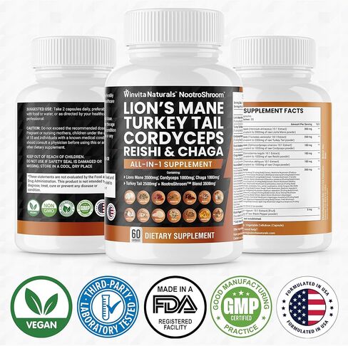Lions Mane 3500mg مكمل الفطر مع ذيل الديك الرومي 2500mg Reishi 1000mg كورديسيبس تشاجا مايتاكي ميشيما بوريا كوكوس شيتاكي أويستر بورسيني إينوكي حبوب الإدراك والطاقة والتركيز قبعات نباتية في الولايات المتحدة الأمريكية in Kuwait