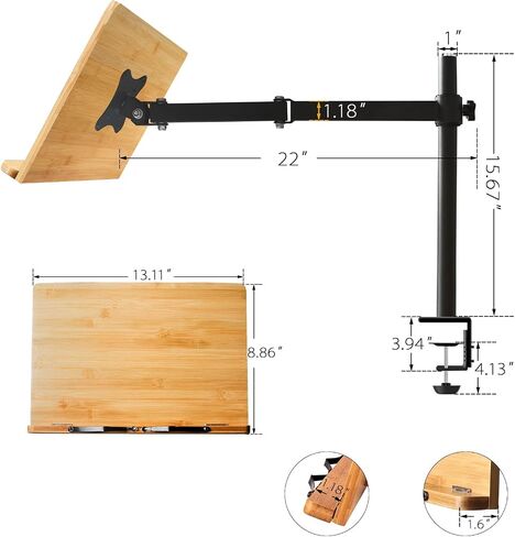 wishacc Book Stand Height Adjustable - X-Large Table Side Bamboo Reading Mount Holder with Clamp for Reading Hands Free, Desktop Cookbook Rest 15.4 x 11 inch in Saudi Arabia