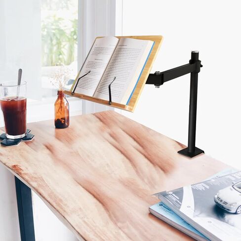 wishacc Book Stand Height Adjustable - X-Large Table Side Bamboo Reading Mount Holder with Clamp for Reading Hands Free, Desktop Cookbook Rest 15.4 x 11 inch in Saudi Arabia