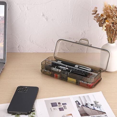 صندوق أقلام الرصاص BTSKY ذو الطابقين، صندوق قرطاسية بلاستيكي شفاف مع 4 فواصل مقسمة مسطرة قابلة للإزالة، صندوق أدوات منزلي متعدد الشبكات مع 6 مقصورات لمشابك ممحاة أقلام الرصاص (أسود شفاف) in Kuwait