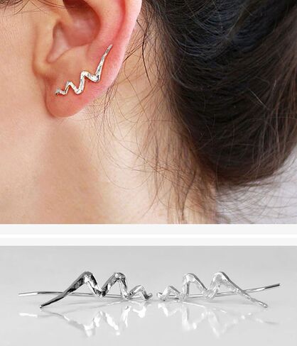 Pair of Wave Ear climbers, Unique Hammered 925 Sterling Silver Statement Glam Crawler Earrings, Lightning Ear Sweeps, Length 1 Inch, Cool Handmade Jewelry for Women by Sigalagia in Saudi Arabia