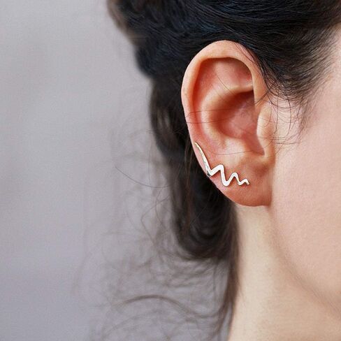 Pair of Wave Ear climbers, Unique Hammered 925 Sterling Silver Statement Glam Crawler Earrings, Lightning Ear Sweeps, Length 1 Inch, Cool Handmade Jewelry for Women by Sigalagia in Saudi Arabia