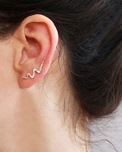 Pair of Wave Ear climbers, Unique Hammered 925 Sterling Silver Statement Glam Crawler Earrings, Lightning Ear Sweeps, Length 1 Inch, Cool Handmade Jewelry for Women by Sigalagia in Saudi Arabia
