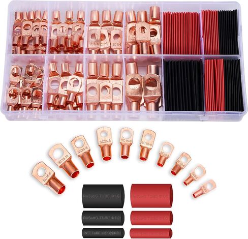240pcs Copper Wire Lugs Battery Terminals Battery Cable Ends, AWG 2 4 6 8 10/12 Gauge Wire Connectors, 110Pcs Wire Lugs Terminal Connectors with 130Pcs Heat Shrink Tubing for Marine Electrical in Saudi Arabia