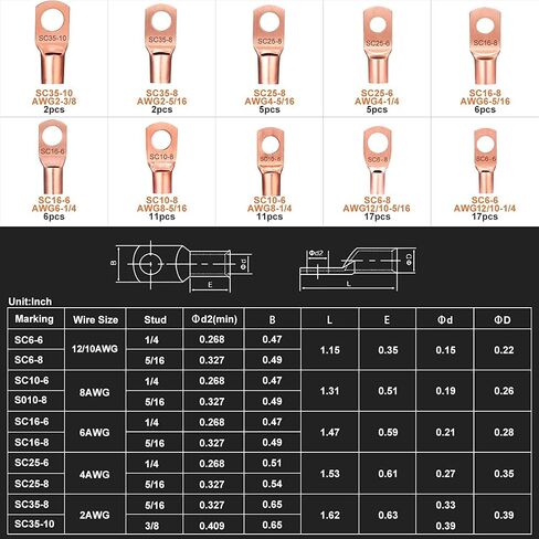 240pcs Copper Wire Lugs Battery Terminals Battery Cable Ends, AWG 2 4 6 8 10/12 Gauge Wire Connectors, 110Pcs Wire Lugs Terminal Connectors with 130Pcs Heat Shrink Tubing for Marine Electrical in Saudi Arabia