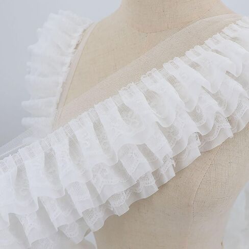 2 Yards Pleated lace Fabric Trim 3 Layers Ruffled lace triming for Sewing DIY Extend Dress Cuff Blouse Lace Fabric Triming (Black) in Saudi Arabia