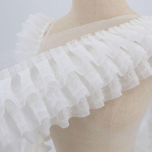 2 Yards Pleated lace Fabric Trim 3 Layers Ruffled lace triming for Sewing DIY Extend Dress Cuff Blouse Lace Fabric Triming (Black) in Saudi Arabia