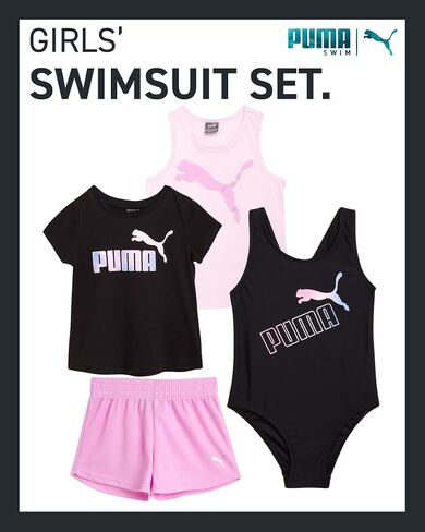 PUMA Girls' Swimsuit Set - Bathing Suit with Cover Up Tank Top and Shorts or Sleeveless Romper - Swim Set for Girls (4-6X) in Saudi Arabia