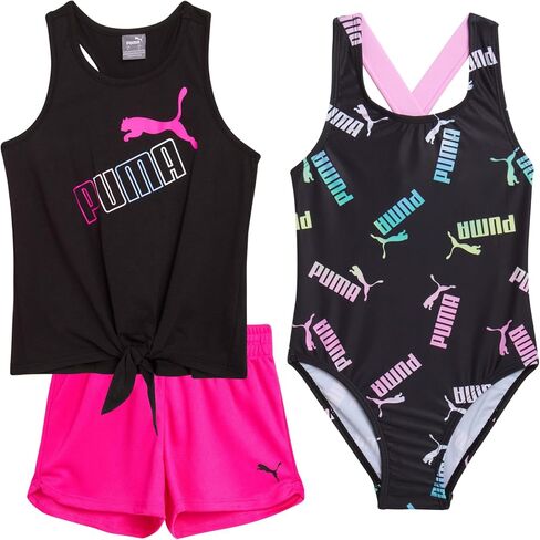 PUMA Girls' Swimsuit Set - Bathing Suit with Cover Up Tank Top and Shorts or Sleeveless Romper - Swim Set for Girls (4-6X) in Saudi Arabia