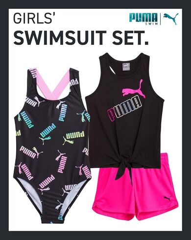 PUMA Girls' Swimsuit Set - Bathing Suit with Cover Up Tank Top and Shorts or Sleeveless Romper - Swim Set for Girls (4-6X) in Saudi Arabia