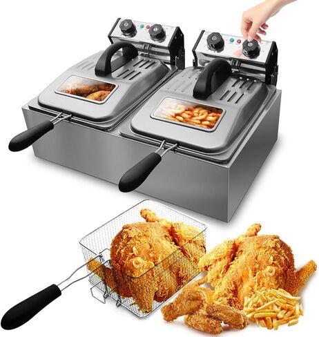 WantJoin 12L/12QT Dual Tank Commercial Deep Fryer with 2 Glass Window Lids, 3200W Stainless Steel Electric Deep Fryer with 2 Baskets, Countertop Kitchen Frying Machine with Temperature Control in Saudi Arabia