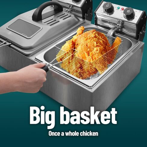 WantJoin 12L/12QT Dual Tank Commercial Deep Fryer with 2 Glass Window Lids, 3200W Stainless Steel Electric Deep Fryer with 2 Baskets, Countertop Kitchen Frying Machine with Temperature Control in Saudi Arabia