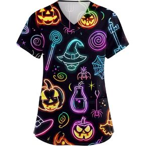 Halloween Scrub Tops Women V Neck Short Sleeve Scrubs Horror Printed Nursing Uniforms with Pockets in Kuwait