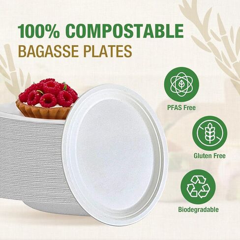 Disposable Compostable Paper Plates 9 Inch [125-Pack], Heavy Duty, Eco-Friendly made with Biodegradable Bagasse for Parties and Picinic, (Natural-Brown) in Saudi Arabia
