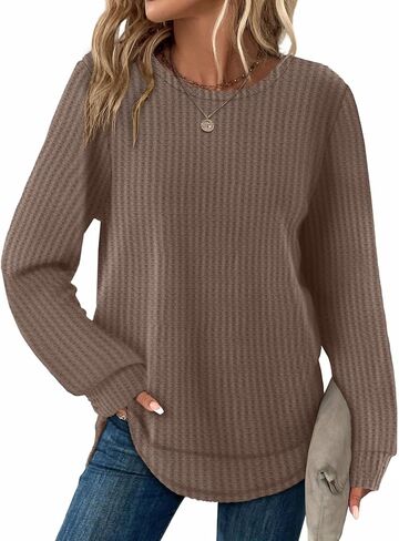 WIHOLL Tunic Tops for Women Loose Fit Dressy Waffle Knit Long Sleeve Shirts Trendy Fall Fashion Crewneck Sweaters Curved Hem in Saudi Arabia