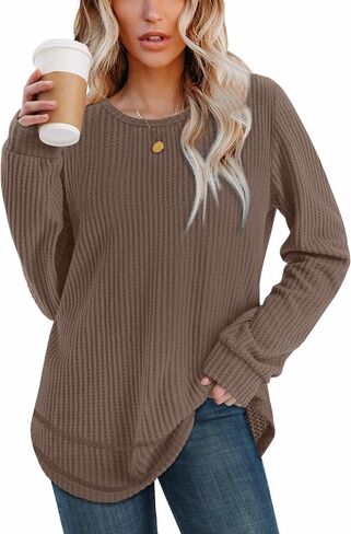 WIHOLL Tunic Tops for Women Loose Fit Dressy Waffle Knit Long Sleeve Shirts Trendy Fall Fashion Crewneck Sweaters Curved Hem in Saudi Arabia
