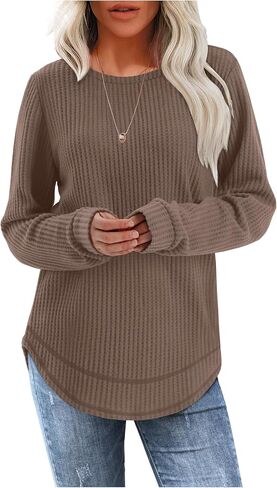 WIHOLL Tunic Tops for Women Loose Fit Dressy Waffle Knit Long Sleeve Shirts Trendy Fall Fashion Crewneck Sweaters Curved Hem in Saudi Arabia