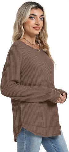 WIHOLL Tunic Tops for Women Loose Fit Dressy Waffle Knit Long Sleeve Shirts Trendy Fall Fashion Crewneck Sweaters Curved Hem in Saudi Arabia