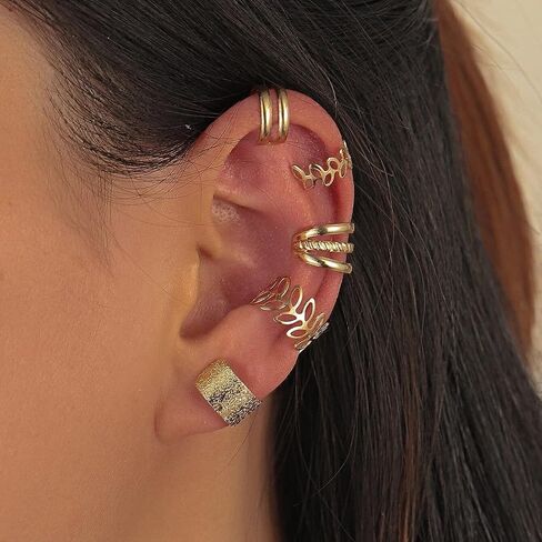 Minimalist Double Wrap Leaf Star Cross Ear Cuff Earrings Set,Dainty Charm No Piercing Ear Clip Fake Cartilage Earring Climber Simple Women jewelry in Saudi Arabia