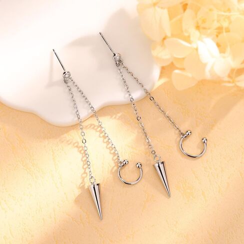 Punk Spike Chain Tassel Ear Cuff Wrap Crawler Climber Earrings for Men Women Unique Silver Plated Crystal Stud Cartilage Dangle Drop Clip on Hoops Minimalist Hypoallergenic Fashion Jewelry in Saudi Arabia