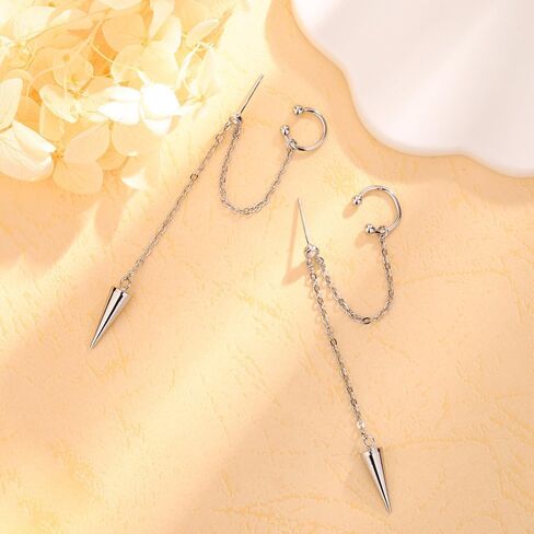 Punk Spike Chain Tassel Ear Cuff Wrap Crawler Climber Earrings for Men Women Unique Silver Plated Crystal Stud Cartilage Dangle Drop Clip on Hoops Minimalist Hypoallergenic Fashion Jewelry in Saudi Arabia