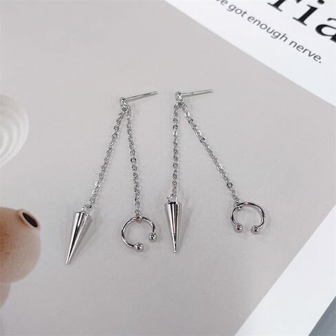 Punk Spike Chain Tassel Ear Cuff Wrap Crawler Climber Earrings for Men Women Unique Silver Plated Crystal Stud Cartilage Dangle Drop Clip on Hoops Minimalist Hypoallergenic Fashion Jewelry in Saudi Arabia