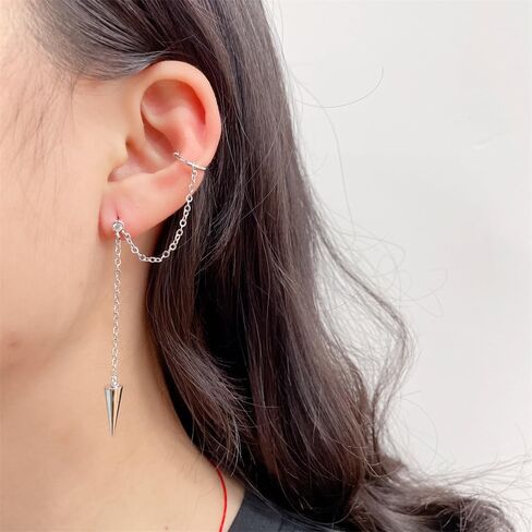 Punk Spike Chain Tassel Ear Cuff Wrap Crawler Climber Earrings for Men Women Unique Silver Plated Crystal Stud Cartilage Dangle Drop Clip on Hoops Minimalist Hypoallergenic Fashion Jewelry in Saudi Arabia