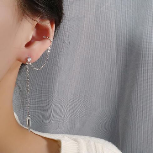 Punk Spike Chain Tassel Ear Cuff Wrap Crawler Climber Earrings for Men Women Unique Silver Plated Crystal Stud Cartilage Dangle Drop Clip on Hoops Minimalist Hypoallergenic Fashion Jewelry in Saudi Arabia