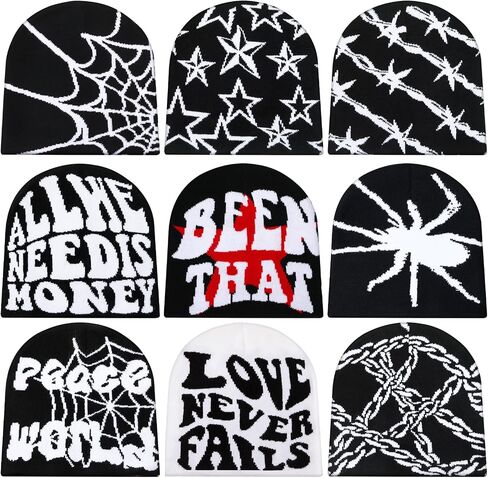 Ramede 9 Pcs Y2k Beanies, Gothic Spider Web Graphic Beanies Double Sided Winter Outdoor Warm Knitted Hats Bulk for Men Women in Saudi Arabia