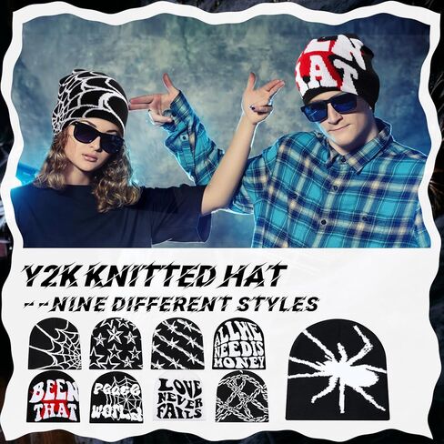 Ramede 9 Pcs Y2k Beanies, Gothic Spider Web Graphic Beanies Double Sided Winter Outdoor Warm Knitted Hats Bulk for Men Women in Saudi Arabia