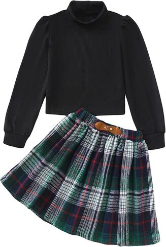 Girls Pleated Skirt Set Fall Winter 2 Piece Outfit Lattice Dresses Long Sleeve Top Cute Clothes Outfit for Kid in Kuwait