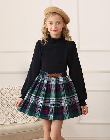 Girls Pleated Skirt Set Fall Winter 2 Piece Outfit Lattice Dresses Long Sleeve Top Cute Clothes Outfit for Kid in Kuwait