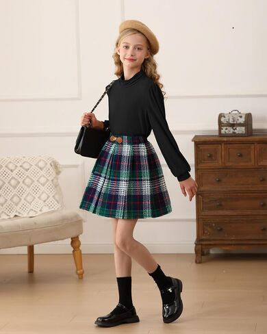 Girls Pleated Skirt Set Fall Winter 2 Piece Outfit Lattice Dresses Long Sleeve Top Cute Clothes Outfit for Kid in Kuwait