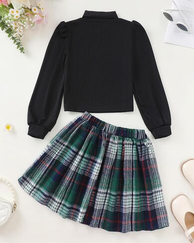 Girls Pleated Skirt Set Fall Winter 2 Piece Outfit Lattice Dresses Long Sleeve Top Cute Clothes Outfit for Kid in Kuwait