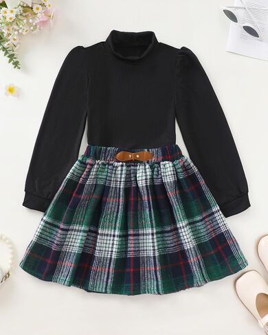 Girls Pleated Skirt Set Fall Winter 2 Piece Outfit Lattice Dresses Long Sleeve Top Cute Clothes Outfit for Kid in Kuwait