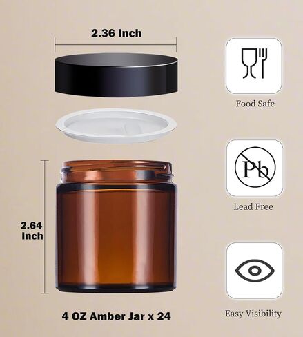 4 oz Amber Glass Jars with Lids,24 Pack 4oz Small Glass Jars with Lids & Inner Liners,4 Ounce Lotion Jar for Cosmetics Container,Cream Lotion,Body Scrub in Saudi Arabia