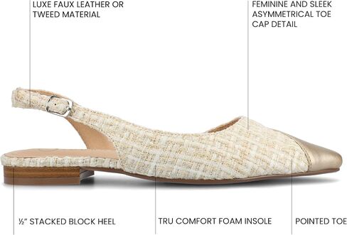 Journee Womens Buckle Slingback Tweed Stacked Block Heel Closed Pointed Toe Comfort Foam Daphnne Flat in Saudi Arabia