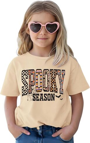 CM C&M WODRO Girls Halloween T-Shirt Leopard Spooky Season Letter Graphic Tee Shirt Short Sleeve Cute Funny Kids Fall Tops in Saudi Arabia