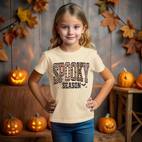 CM C&M WODRO Girls Halloween T-Shirt Leopard Spooky Season Letter Graphic Tee Shirt Short Sleeve Cute Funny Kids Fall Tops in Saudi Arabia