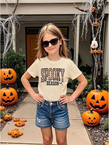 CM C&M WODRO Girls Halloween T-Shirt Leopard Spooky Season Letter Graphic Tee Shirt Short Sleeve Cute Funny Kids Fall Tops in Saudi Arabia