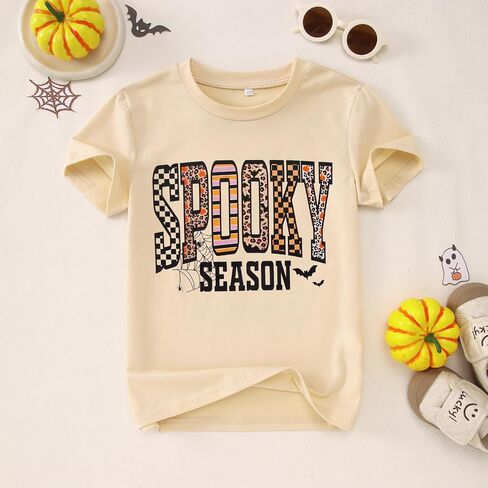 CM C&M WODRO Girls Halloween T-Shirt Leopard Spooky Season Letter Graphic Tee Shirt Short Sleeve Cute Funny Kids Fall Tops in Saudi Arabia