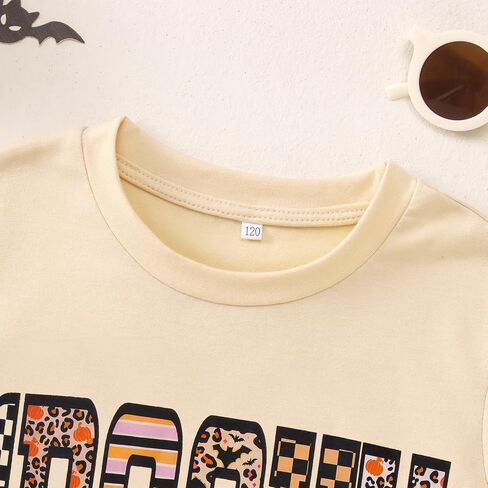 CM C&M WODRO Girls Halloween T-Shirt Leopard Spooky Season Letter Graphic Tee Shirt Short Sleeve Cute Funny Kids Fall Tops in Saudi Arabia