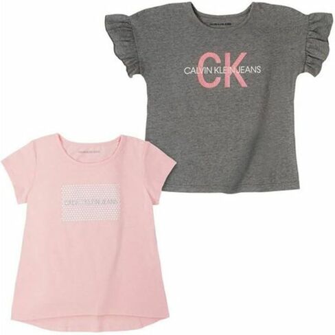 Calvin Klein Girls' 2 Pack Short Sleeve Graphic Logo Tees, Med Grey HTR/Candy Pink, Small (6/7) in Saudi Arabia