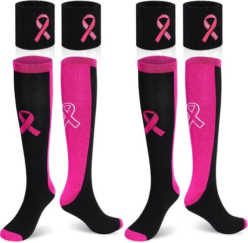 Zhanmai 2 Set Breast Cancer Awareness Accessories Breast Cancer Sock for Woman Black and Pink Ribbon Wristband Baseball in Saudi Arabia