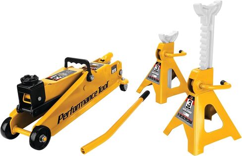 Performance Tool W1619 3 Ton Trolley Jack and Jack Stands: 6000 lb Capacity, 5.75-17.125-in Lift, 11.25-16.75-in Height Ratchet-Style Jack Stands, Swivel Casters and Steel Wheels, High-Viz Yellow in Saudi Arabia