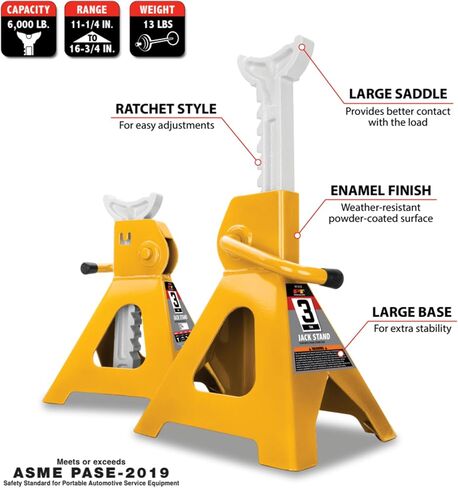 Performance Tool W1619 3 Ton Trolley Jack and Jack Stands: 6000 lb Capacity, 5.75-17.125-in Lift, 11.25-16.75-in Height Ratchet-Style Jack Stands, Swivel Casters and Steel Wheels, High-Viz Yellow in Saudi Arabia