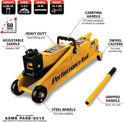 Performance Tool W1619 3 Ton Trolley Jack and Jack Stands: 6000 lb Capacity, 5.75-17.125-in Lift, 11.25-16.75-in Height Ratchet-Style Jack Stands, Swivel Casters and Steel Wheels, High-Viz Yellow in Saudi Arabia