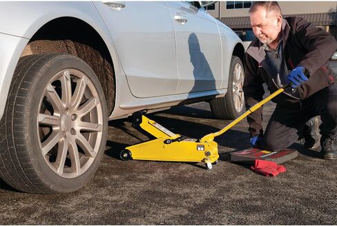 Performance Tool W1619 3 Ton Trolley Jack and Jack Stands: 6000 lb Capacity, 5.75-17.125-in Lift, 11.25-16.75-in Height Ratchet-Style Jack Stands, Swivel Casters and Steel Wheels, High-Viz Yellow in Saudi Arabia
